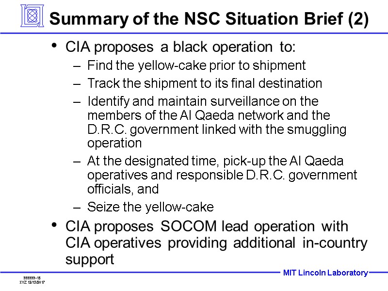 Summary of the NSC Situation Brief (2) CIA proposes a black operation to: Find